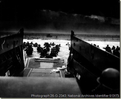 American soldiers landing on the coast of France under heavy Nazi machine gun fire.